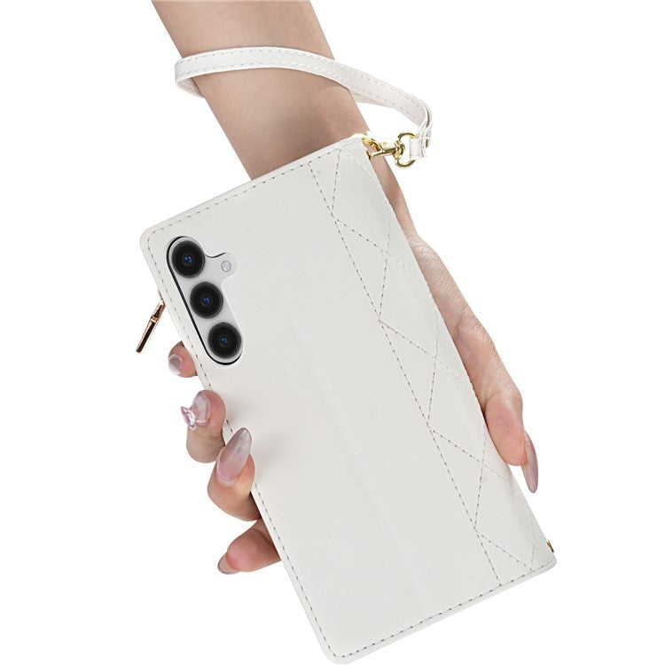 For Samsung Galaxy A36 5G Case Rhombus Stitching Leather Wallet Phone Cover with Long  /  Short Strap - White