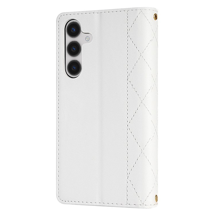 For Samsung Galaxy A36 5G Case Rhombus Stitching Leather Wallet Phone Cover with Long  /  Short Strap - White