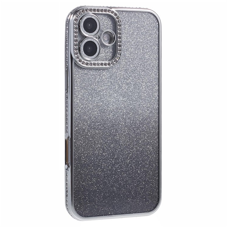 For Apple iPhone 16 Full Protection Case With Camera Lens Protector Rhinestone Embellished Clear Cover - Gradient Silver