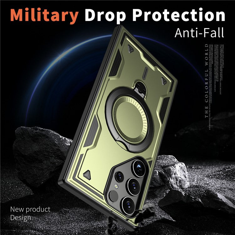For Samsung Galaxy S25 Ultra Case Compatible with MagSafe Military Protection PC+TPU Kickstand Phone Cover - Olive Green