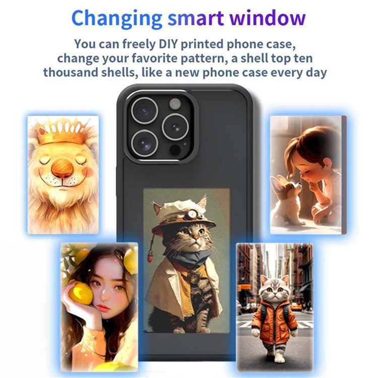 For iPhone 16 Pro Smart E-Ink Phone Case 4 Color HD 3.97 inch Display NFC DIY Customized Screen - Black