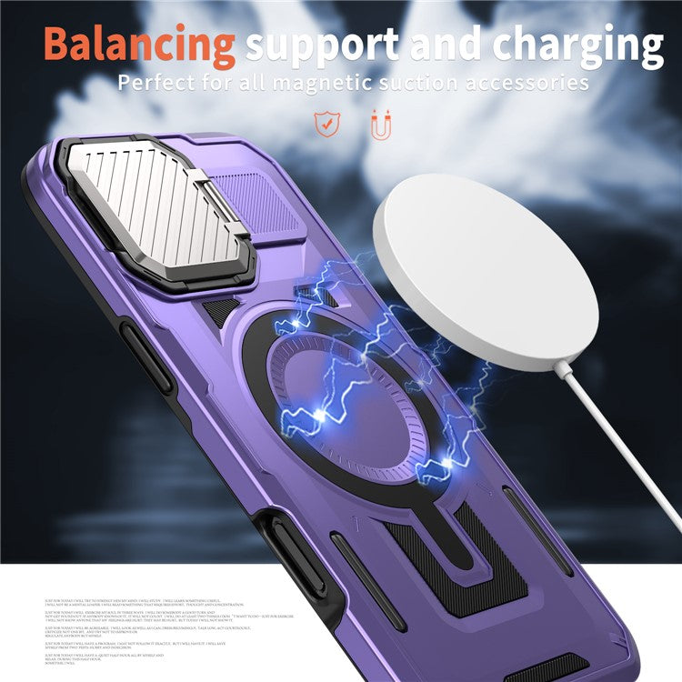 For iPhone 16 Plus Case Compatible with MagSafe Lens Lid Kickstand PC+TPU Back Cover - Purple