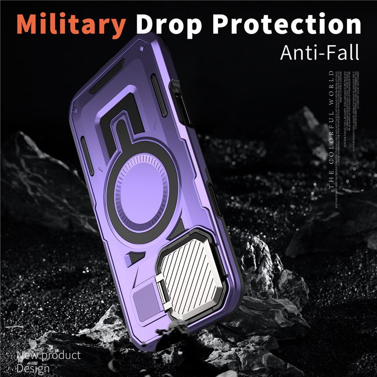 For iPhone 16 Plus Case Compatible with MagSafe Lens Lid Kickstand PC+TPU Back Cover - Purple