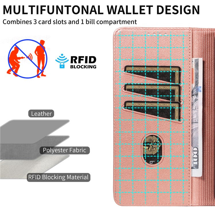 For Google Pixel 7 Pro 5G Leather Case Litchi Texture RFID Blocking Wallet Stand Phone Cover - Rose Gold