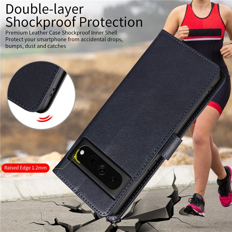 For Google Pixel 7 Pro 5G Leather Case Litchi Texture RFID Blocking Wallet Stand Phone Cover - Blue