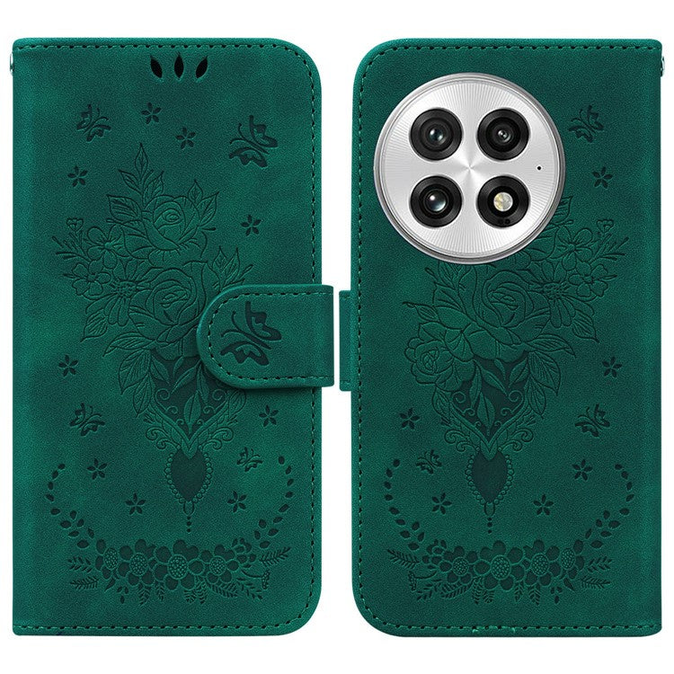 For OnePlus 13 Case PU Leather Wallet Phone Cover Butterfly Flower Imprint - Green