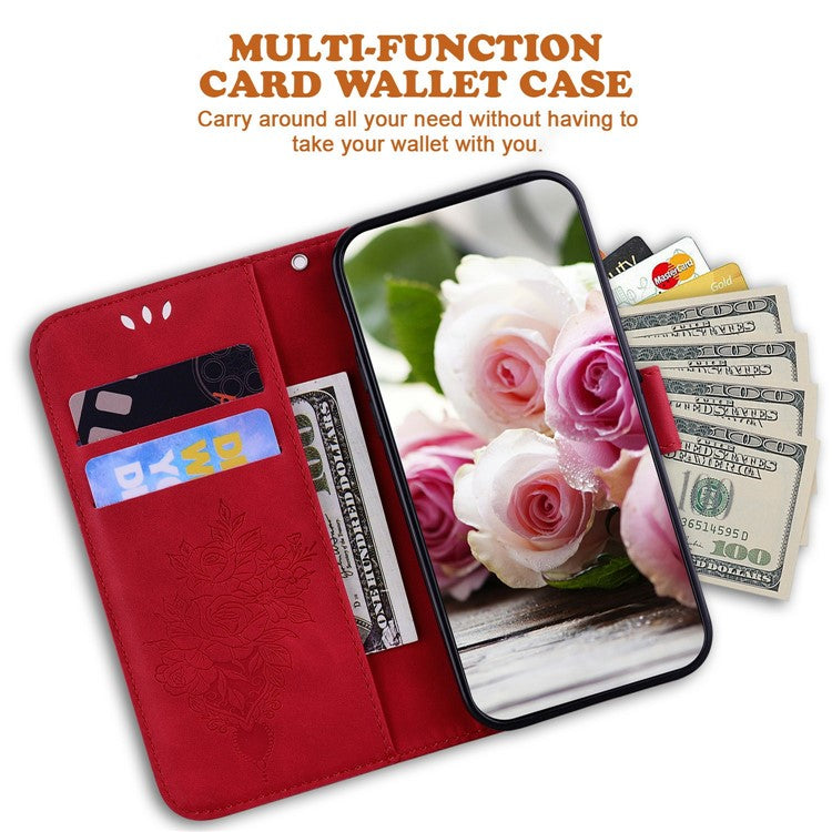 For OnePlus 13 Case PU Leather Wallet Phone Cover Butterfly Flower Imprint - Red