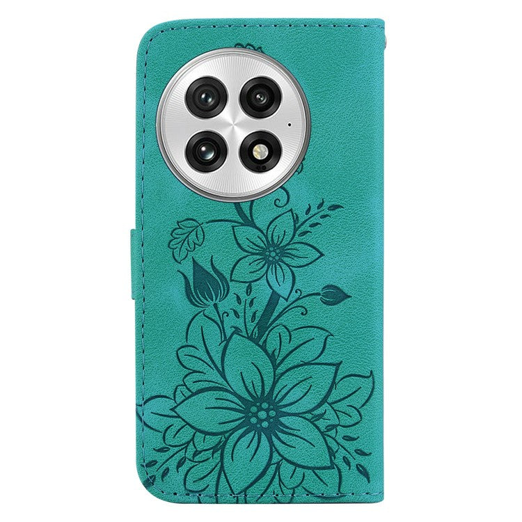 For OnePlus 13 Case Lily Flower Imprint Leather Phone Cover with Stand - Green