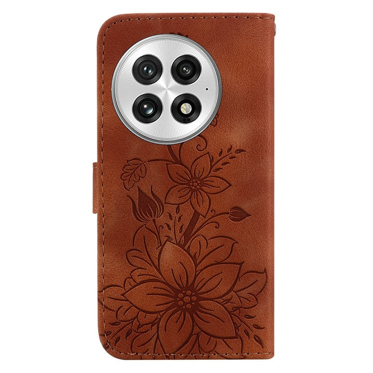 For OnePlus 13 Case Lily Flower Imprint Leather Phone Cover with Stand - Brown