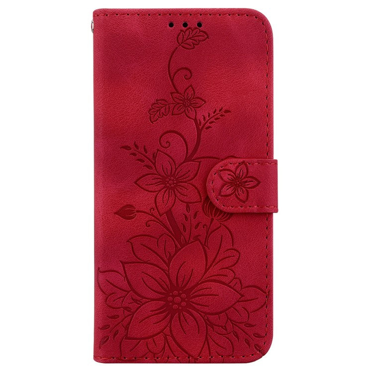 For OnePlus 13 Case Lily Flower Imprint Leather Phone Cover with Stand - Red