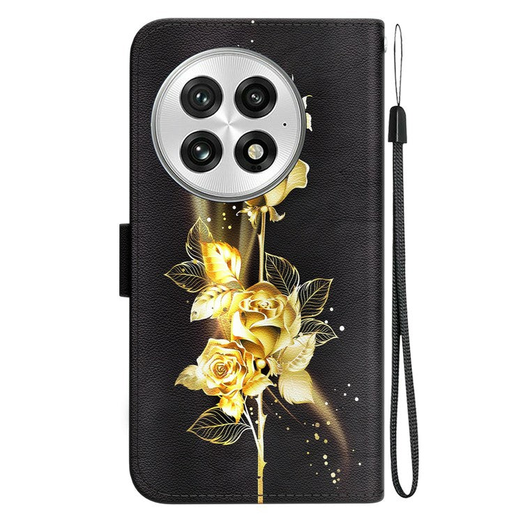 For OnePlus 13 Wallet Phone Case Anti-Drop Leather Flip Cover Pattern Printing - Gold Butterfly Rose