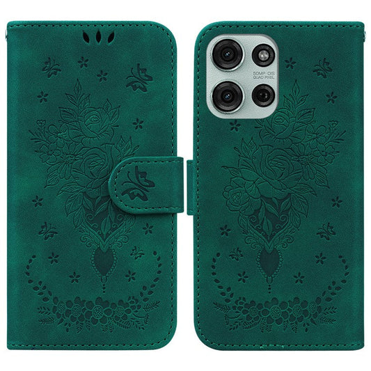 For Motorola Moto G75 5G Case PU Leather Wallet Phone Cover Butterfly Flower Imprint - Green