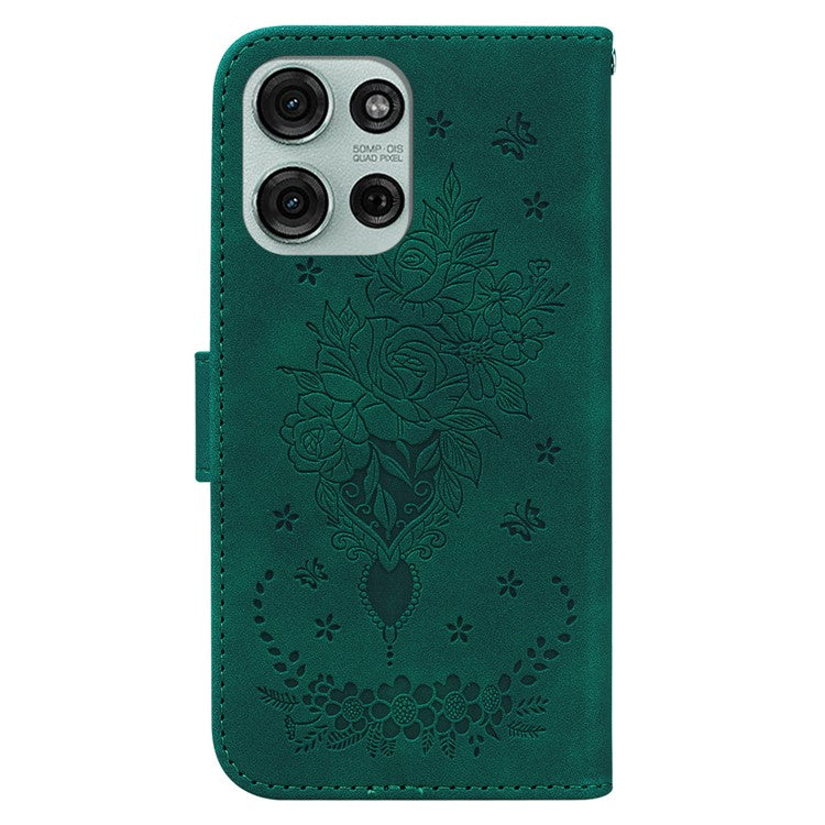 For Motorola Moto G75 5G Case PU Leather Wallet Phone Cover Butterfly Flower Imprint - Green