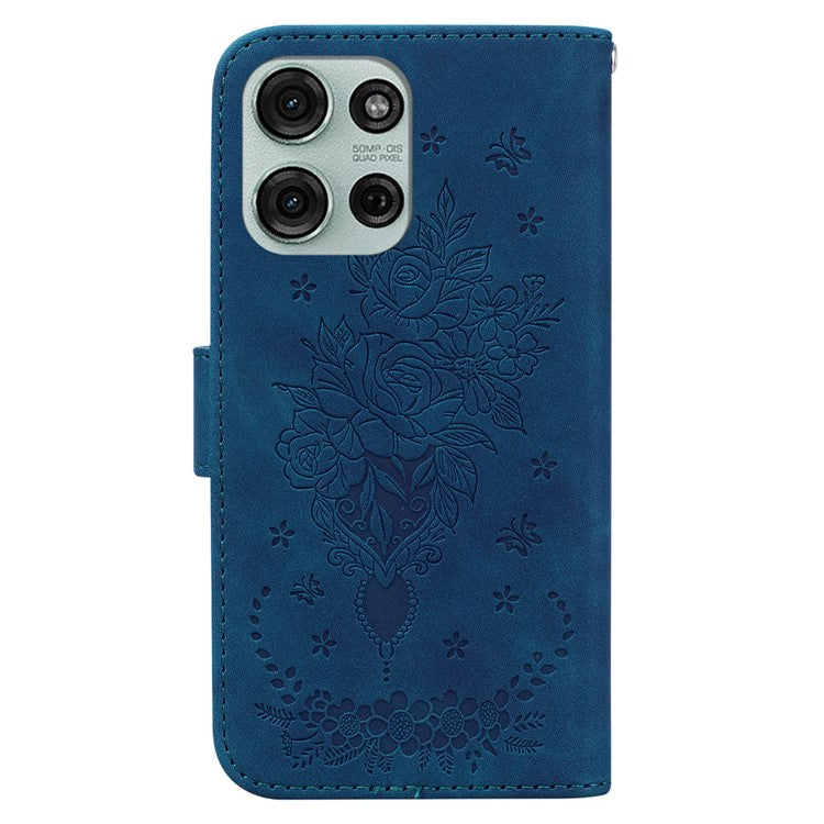 For Motorola Moto G75 5G Case PU Leather Wallet Phone Cover Butterfly Flower Imprint - Blue