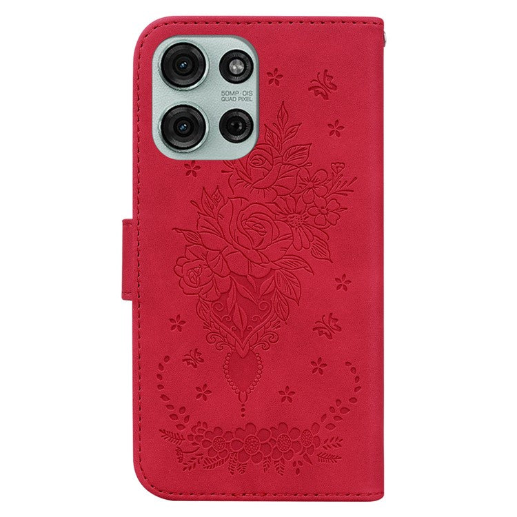 For Motorola Moto G75 5G Case PU Leather Wallet Phone Cover Butterfly Flower Imprint - Red