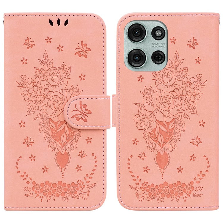 For Motorola Moto G75 5G Case PU Leather Wallet Phone Cover Butterfly Flower Imprint - Pink