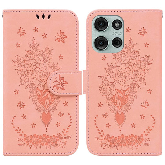 For Motorola Moto G75 5G Case PU Leather Wallet Phone Cover Butterfly Flower Imprint - Pink