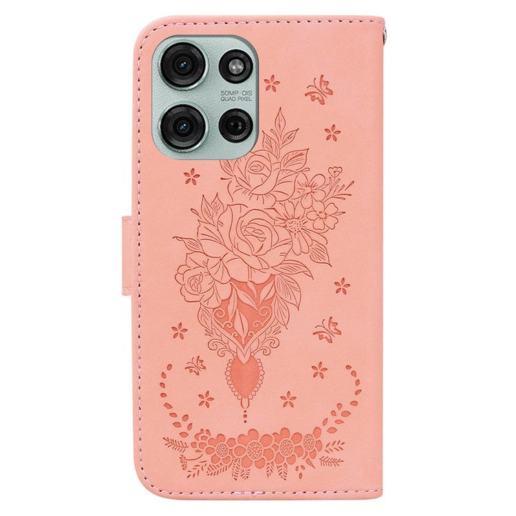 For Motorola Moto G75 5G Case PU Leather Wallet Phone Cover Butterfly Flower Imprint - Pink