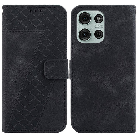 For Motorola Moto G75 5G Stand Case 7-Shaped Pattern Imprint Leather Phone Cover - Black