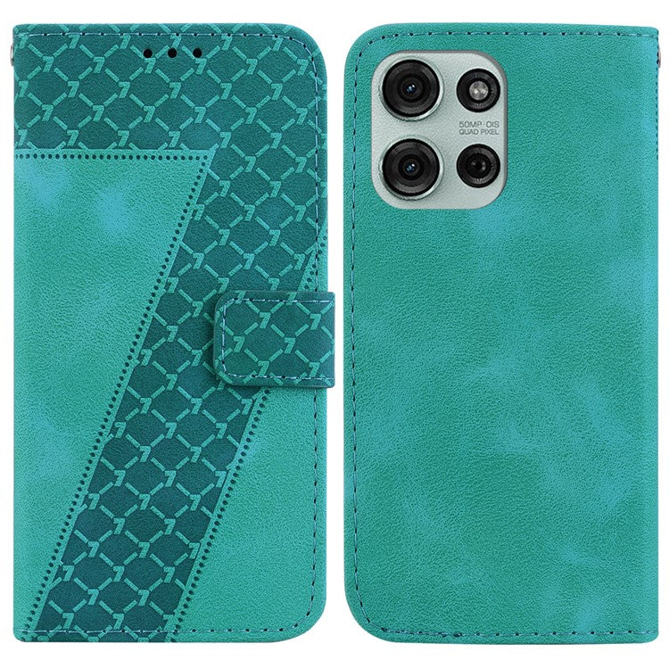 For Motorola Moto G75 5G Stand Case 7-Shaped Pattern Imprint Leather Phone Cover - Green