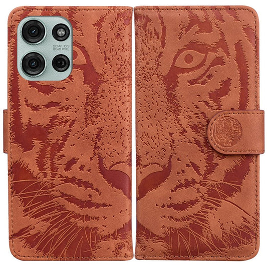 For Motorola Moto G75 5G Case Tiger Imprint Leather Wallet Phone Cover - Brown