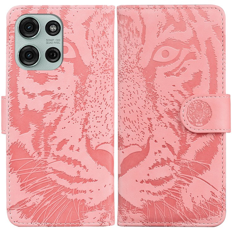 For Motorola Moto G75 5G Case Tiger Imprint Leather Wallet Phone Cover - Pink