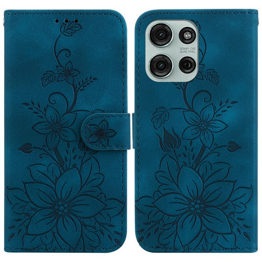 For Motorola Moto G75 5G Case Lily Flower Imprint Leather Phone Cover with Stand - Dark Blue
