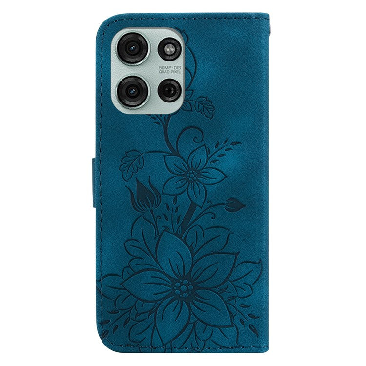 For Motorola Moto G75 5G Case Lily Flower Imprint Leather Phone Cover with Stand - Dark Blue