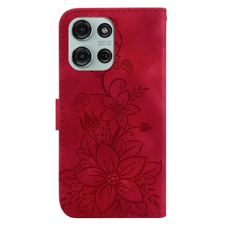 For Motorola Moto G75 5G Case Lily Flower Imprint Leather Phone Cover with Stand - Red