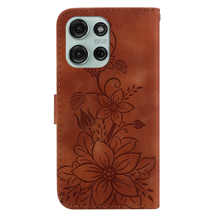 For Motorola Moto G75 5G Case Lily Flower Imprint Leather Phone Cover with Stand - Brown