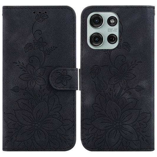 For Motorola Moto G75 5G Case Lily Flower Imprint Leather Phone Cover with Stand - Black