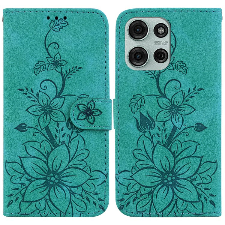 For Motorola Moto G75 5G Case Lily Flower Imprint Leather Phone Cover with Stand - Green
