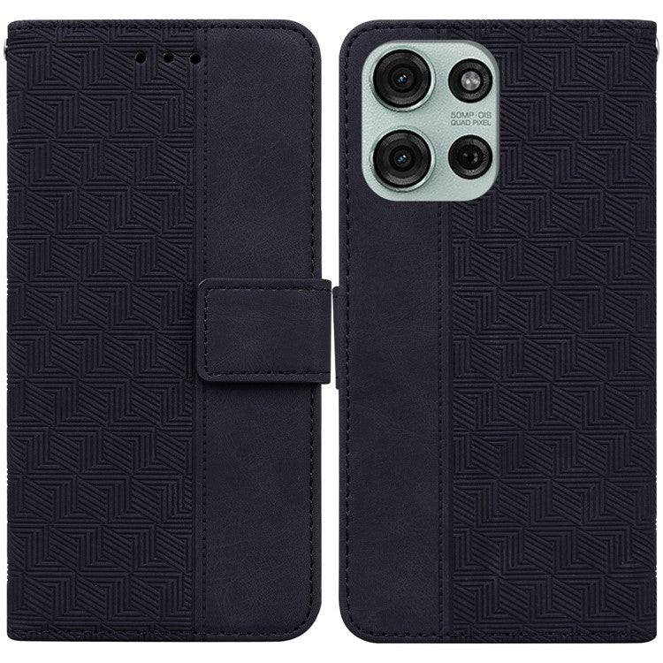 For Motorola Moto G75 5G Case Geometry Pattern Leather Wallet Phone Cover - Black