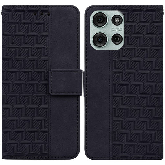 For Motorola Moto G75 5G Case Geometry Pattern Leather Wallet Phone Cover - Black
