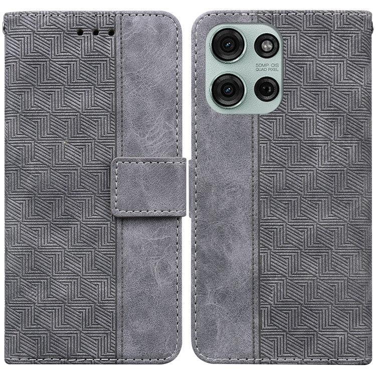For Motorola Moto G75 5G Case Geometry Pattern Leather Wallet Phone Cover - Grey