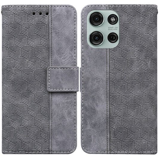 For Motorola Moto G75 5G Case Geometry Pattern Leather Wallet Phone Cover - Grey
