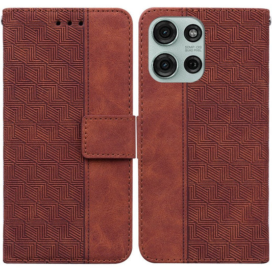 For Motorola Moto G75 5G Case Geometry Pattern Leather Wallet Phone Cover - Brown