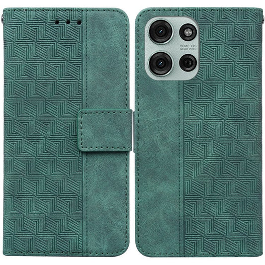 For Motorola Moto G75 5G Case Geometry Pattern Leather Wallet Phone Cover - Green