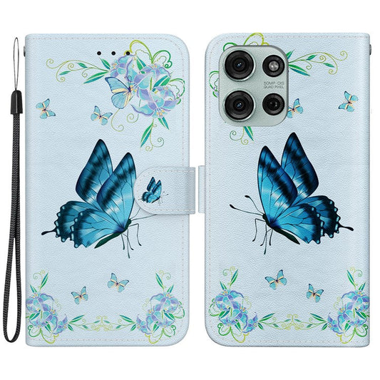 For Motorola Moto G75 5G Wallet Phone Case Anti-Drop Leather Flip Cover Pattern Printing - Blue Butterfly Flower