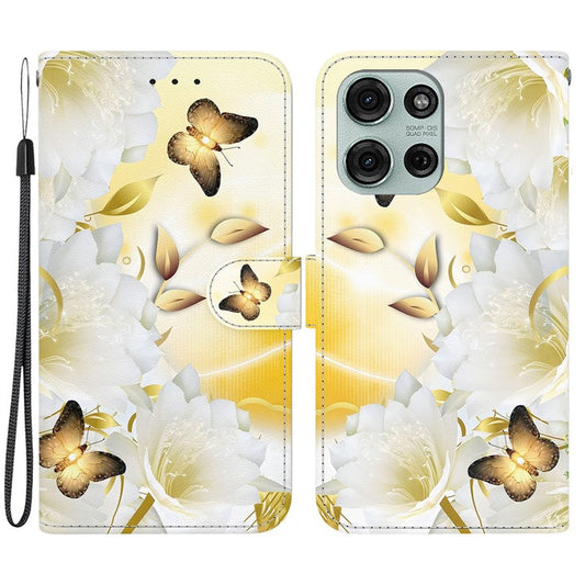 For Motorola Moto G75 5G Wallet Phone Case Anti-Drop Leather Flip Cover Pattern Printing - Gold Butterfly Flower