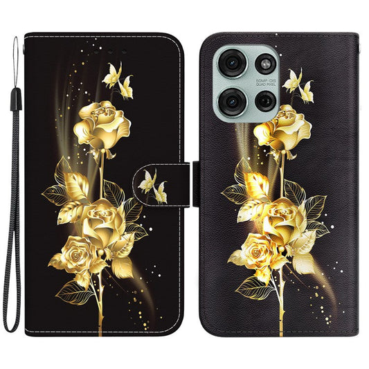 For Motorola Moto G75 5G Wallet Phone Case Anti-Drop Leather Flip Cover Pattern Printing - Gold Butterfly Rose