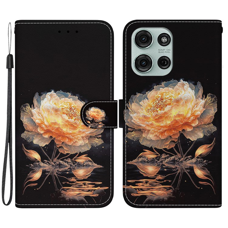 For Motorola Moto G75 5G Wallet Phone Case Anti-Drop Leather Flip Cover Pattern Printing - Gold Peony