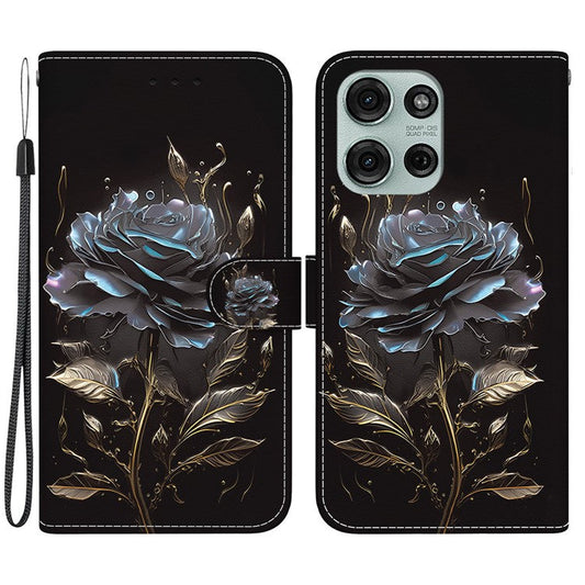 For Motorola Moto G75 5G Wallet Phone Case Anti-Drop Leather Flip Cover Pattern Printing - Black Rose