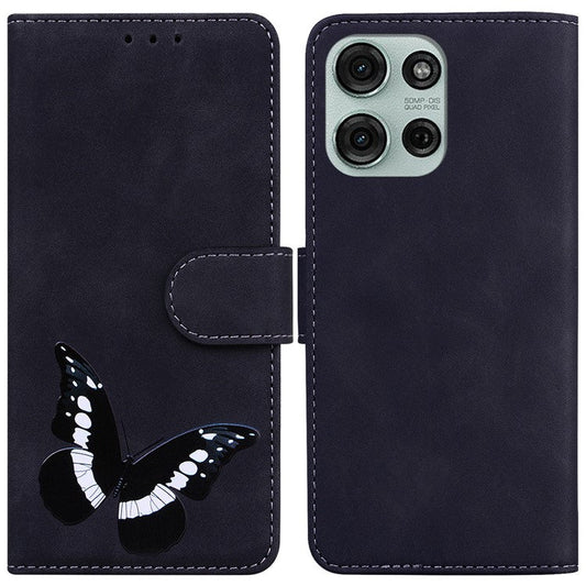 For Motorola Moto G75 5G Stand Case PU Leather Phone Cover Butterfly Printed - Black
