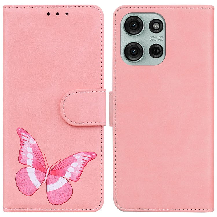 For Motorola Moto G75 5G Stand Case PU Leather Phone Cover Butterfly Printed - Pink