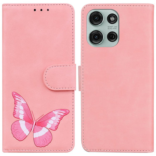For Motorola Moto G75 5G Stand Case PU Leather Phone Cover Butterfly Printed - Pink