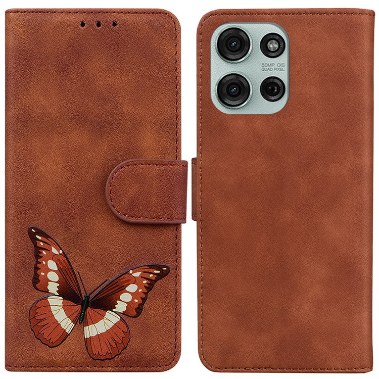 For Motorola Moto G75 5G Stand Case PU Leather Phone Cover Butterfly Printed - Brown