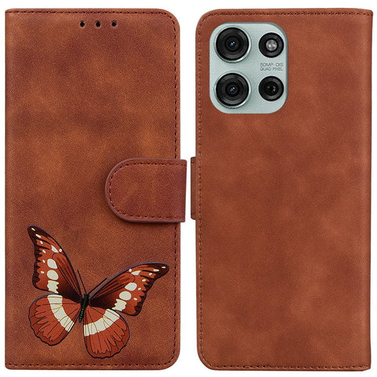 For Motorola Moto G75 5G Stand Case PU Leather Phone Cover Butterfly Printed - Brown