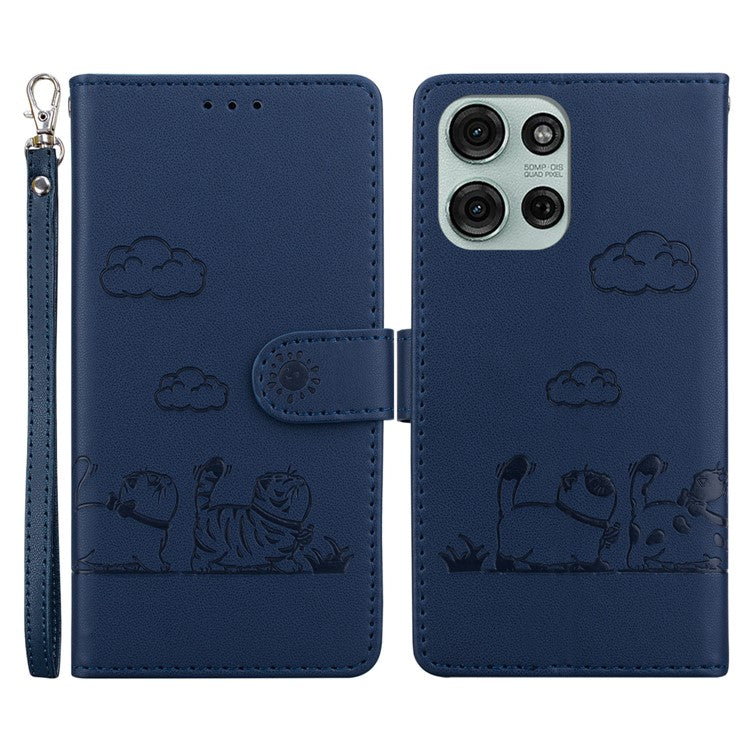 For Motorola Moto G75 5G Case RFID Blocking Kitten Pattern TPU+PU Leather Phone Cover - Blue