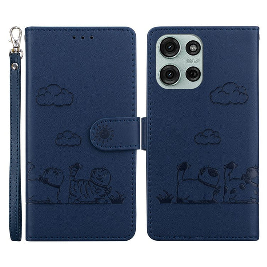 For Motorola Moto G75 5G Case RFID Blocking Kitten Pattern TPU+PU Leather Phone Cover - Blue
